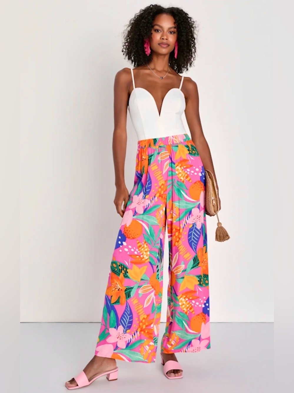 Lulu's White Bodice Pink & Orange Tropical Wide-Leg Flowy Pants